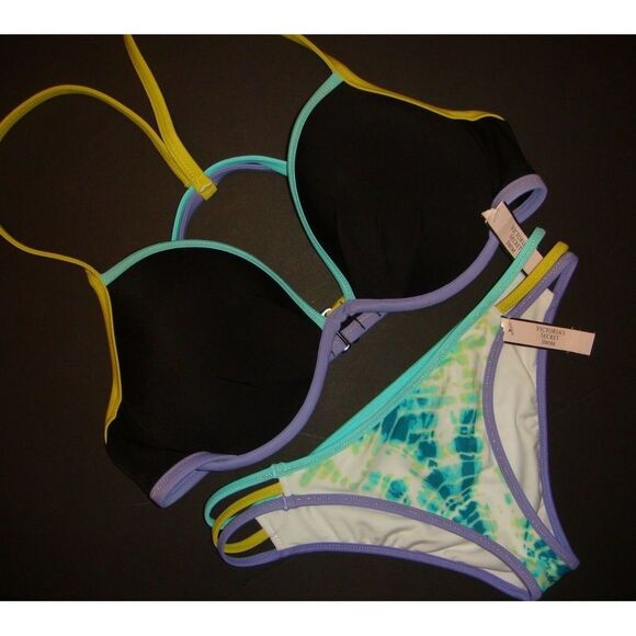 Victoria's Secret 34D34DD BIKINI strappy BLACK GREEN Teal SEAFOAM blue purple